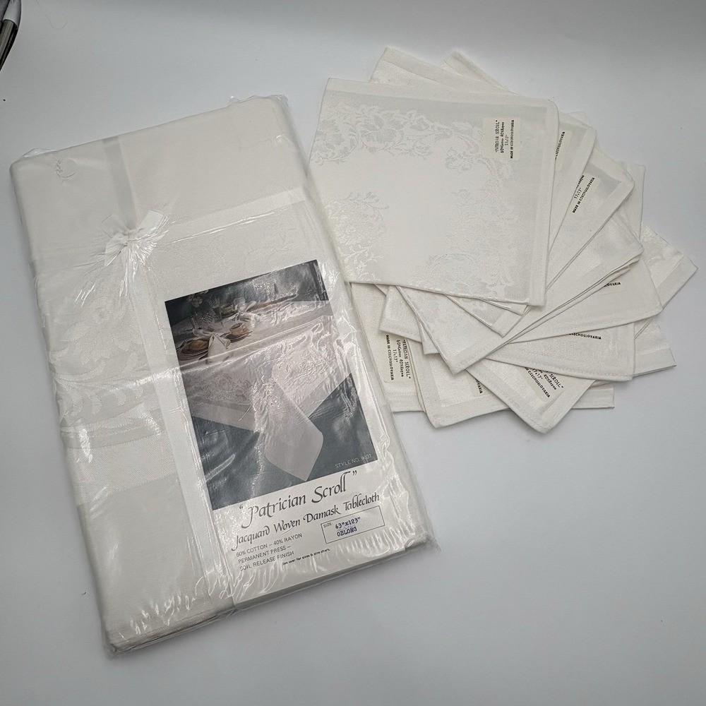 Patrician Scroll Damask Tablecloth Oblong 63x123 White 9 Napkins Czech VTG